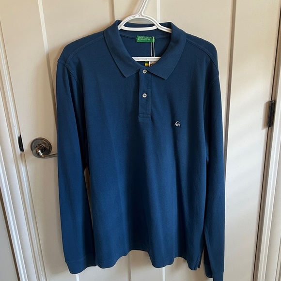NWT Benetton Blue Long Sleeve Polo Shirt, size XXL - Picture 1 of 5